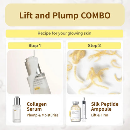 Silk Collagen Peptide Face Lift Duo Ampoule Serum Set, 8X Hyaluronic Acid Firming & Wrinkle Care, Hydrating Anti Aging Korean Skincare Gift for All Skin Types