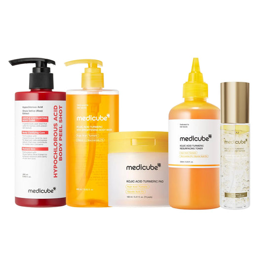 Smooth & Clear Body Care Set with Hypochlorous Acid Body Peel, Kojic Acid Turmeric Body Wash, Exfoliating Toner Pads, Mist & Toner for Dark Spots, Texture, Uneven Skin Tone