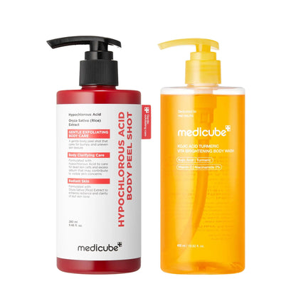 Smooth & Clear Body Care Set with Hypochlorous Acid Body Peel, Kojic Acid Turmeric Body Wash, Exfoliating Toner Pads, Mist & Toner for Dark Spots, Texture, Uneven Skin Tone