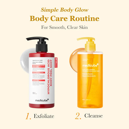 Smooth & Clear Body Care Set with Hypochlorous Acid Body Peel, Kojic Acid Turmeric Body Wash, Exfoliating Toner Pads, Mist & Toner for Dark Spots, Texture, Uneven Skin Tone